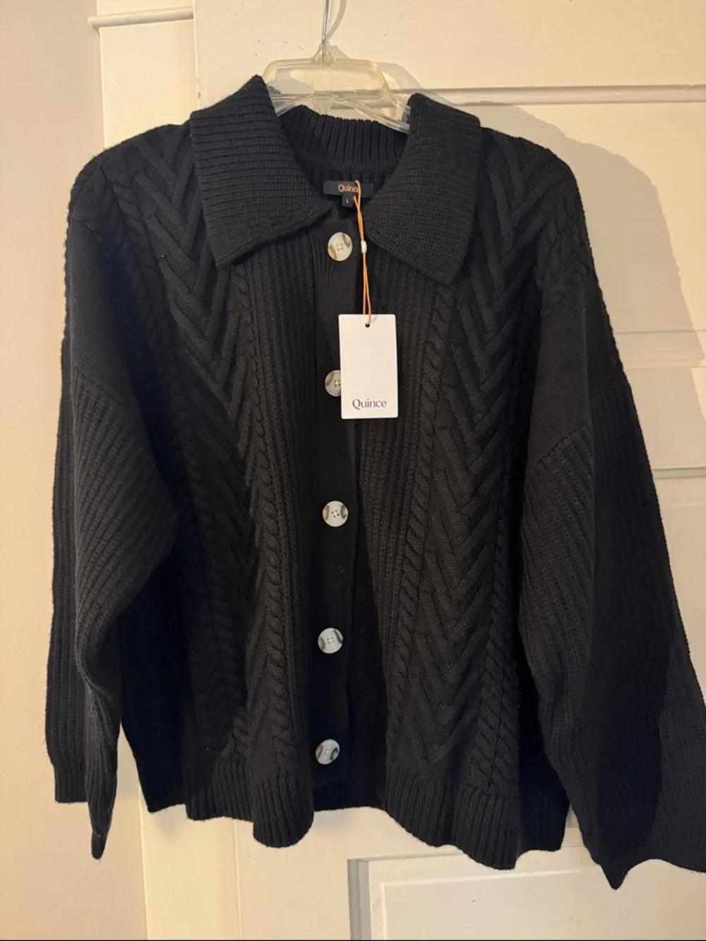 Quince Black Cable-Knit Button Cardigan Sweater - Picture 2 of 6